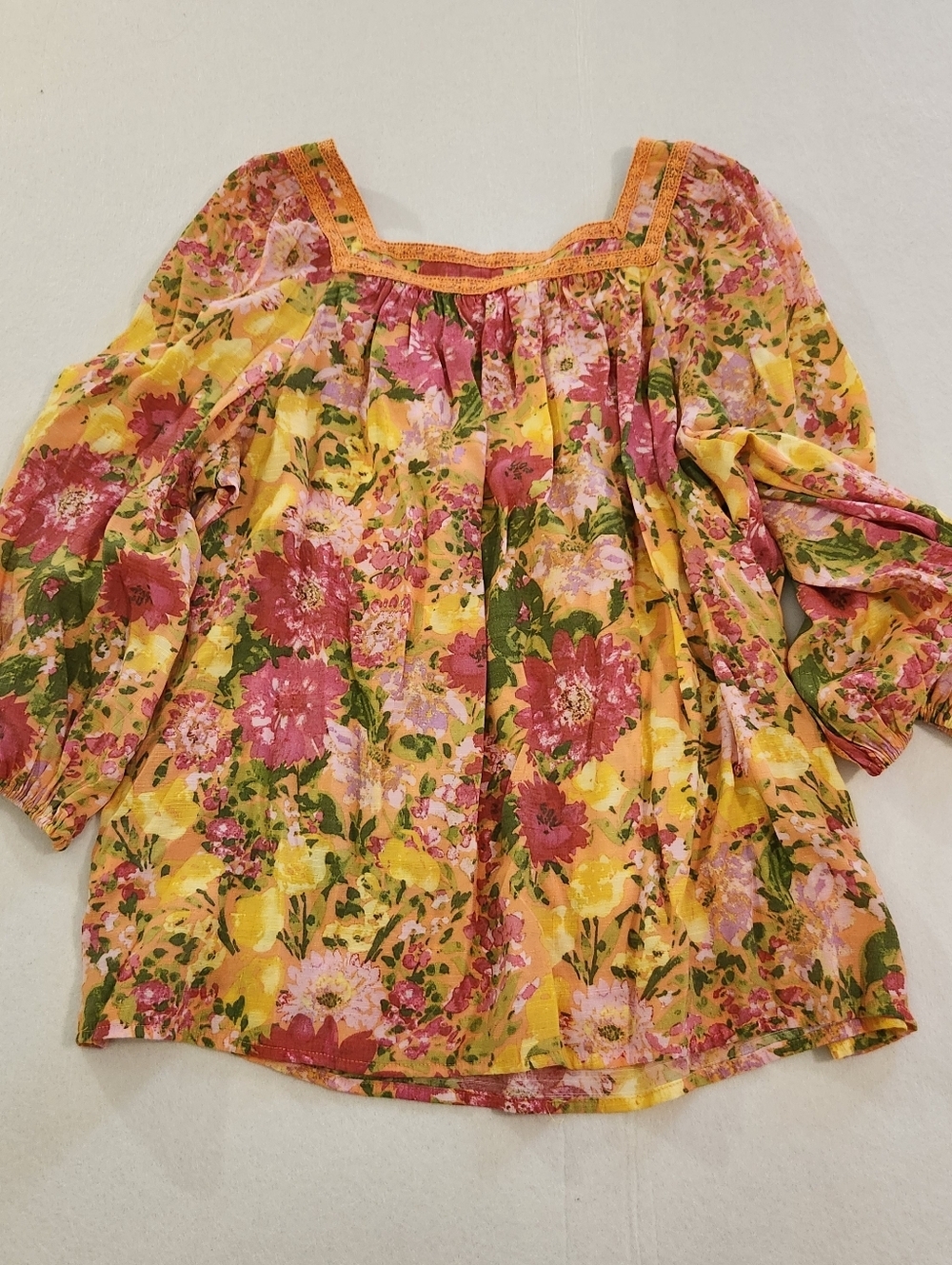 LC Lauren Conrad Yellow Floral Square Neck Blouse with Pink and Green Size XL - Picture 3 of 6